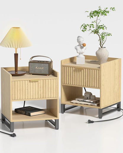 Fluted Night Stand Set 2 with Charging Station, Wood Nightstand with Large Drawer and Open Storage Cabinet, Mid-Century Modern Bedside Table End Table for Bedroom Closet Office