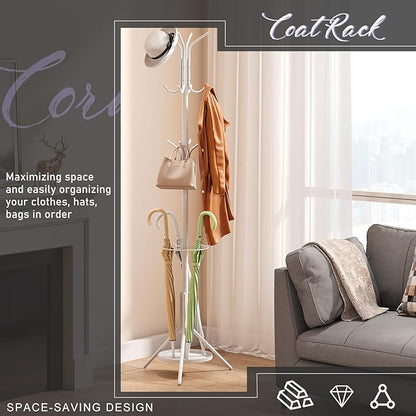 Coat Rack Freestanding Entryway Hanger Stand, Umbrella Holder, Hall Tree With 12 Hooks, Floor Standing Metal Tree Stand, White
