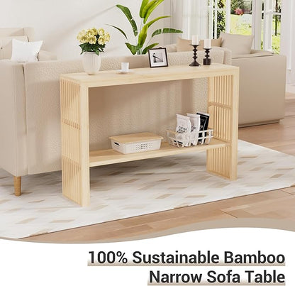 Bamboo Wood Entryway Table 47.2" Console Table, 2-Tier Farmhouse Narrow Sofa Table with Grille-Inspired Sides Easy Assembly for Entrance, Hallway, Living Room, Bedroom, Foyer(Natural)