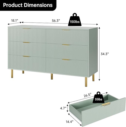 Green Dresser, Modern 6 Drawer Dresser for Bedroom with Gold Handle and Large Drawer, Wood Double Chest of Drawers and Storage Organizer for Living Room, Hallway, Entryway