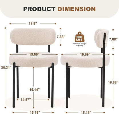 Dining Chairs Set of 6, White Boucle Dining Chair, Curved Backrest Upholstered Dining Room Chairs with Black Metal Legs, Mid Century Modern Dining Chairs for Kitchen, Living Room, White