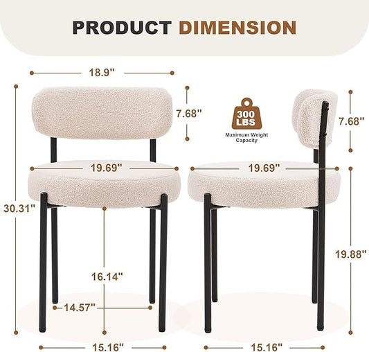 Dining Chairs Set of 6, White Boucle Dining Chair, Curved Backrest Upholstered Dining Room Chairs with Black Metal Legs, Mid Century Modern Dining Chairs for Kitchen, Living Room, White