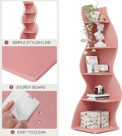Tribesigns Corner Shelf, Modern 5-Tier Wall Corner Bookshelf, Stylish Corner Small Bookcase Storage Rack Plant Stand with Unique Shape for Living Room, Home Office (Pink, 1PC)