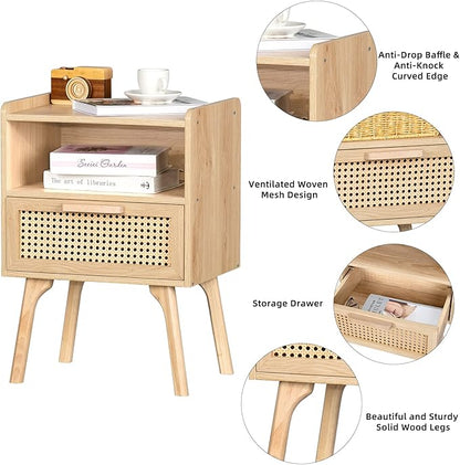 Lerliuo Rattan Nightstand, Boho Side Table with Drawer Open Shelf, Cane Accent Bedside End Table with Solid Wood Legs for Bedroom, Dorm and Small Spaces (Natural)