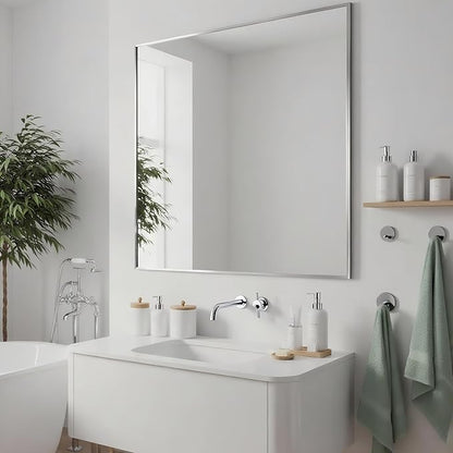 30x30 Inch Nickel Bathroom Mirror for Wall, Aluminum Frame Rectangle Rectangular Vanity Mirror, Modern Large for Bedroom, Living Room, Horizontal or Vertical