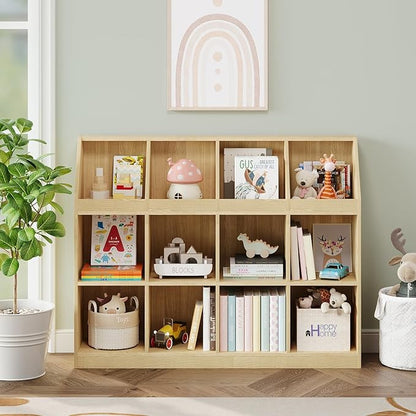 12-Cube Wooden Storage Bookcase - 11-Inch Open Shelf Cabinet, Simple Modern Bookshelf Organizer for Home Office, Living Room, Oak