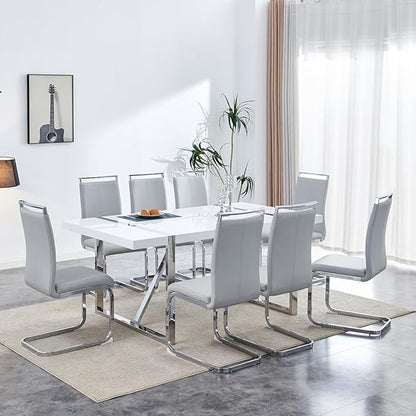 Modern Dining Chairs Set of 8, High Back Kitchen Chairs,Faux Leather Side Chair with Metal Legs, Easy to Clean Upholstered Dining Chairs, Ideal for Living Room(Silver Leg)