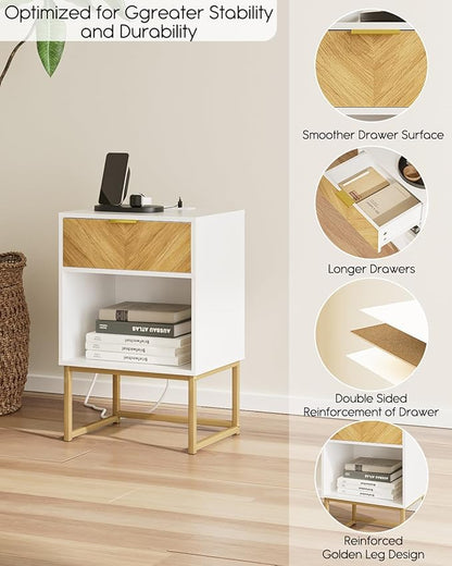 Nightstand with Charging Station, Boho Night Stand Wood Farmhouse Bedside Table with Storage, End Side Accent Table for Bedroom,Living Room,White