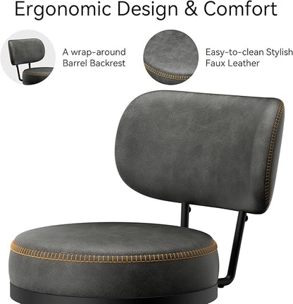 Counter Height Bar Stools, 26" H Swivel Barstools Set of 2, Faux Leather Kitchen Counter Stools with Back and Stylish Stitching, Metal Frame, Pub, Home Bar, Black Grey