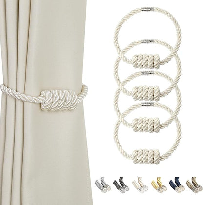 BEL AVENIR Magnetic Curtain Tiebacks, Decorative Drapery Holdbacks Modern Woven Tie-Backs with Exquisite Knot (Beige, 4 Pack)