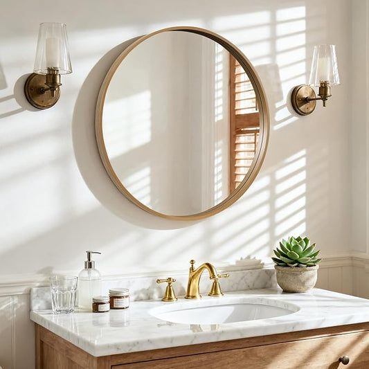 HOMECOOKIN Round Wood Mirror 28 inch Circle Wall Mirror for Bathroom, Vanity, Entryway, Living Room Decor, Natural Boho Accent