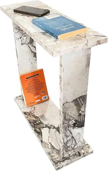Very Narrow Side Table for Living Room, Small Apartment Space Between Chairs Skinny Table for Recliner, Couch, Armchair, Thin Slim End Table for Living Room, Bedroom, Beverages (White Marble)