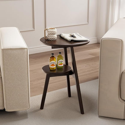 Small End Table Round End Table,Solid Wood Round Side Table with Lower Shelf，Nightstand for Small Spaces,Living Room,Bedroom(Deep Walnut)