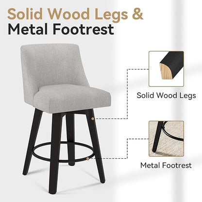 26.8 Inch Counter Height Bar Stools with Back, Swivel Bar Stools Set of 2, Modern Kitchen Barstools with Footrest, Linen Upholstered Bar Chairs, Solid Wood Legs for Island, Pub, Light Grey