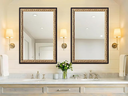 Vintage Gold Mirror 36”x24”, Black Decorative Mirror for Vanity with Gold Foil Carvings Solid Wooden Frame, Antique Handmade Aging, for Luxe Living Room, Entryway, Bathroom and Bedroom