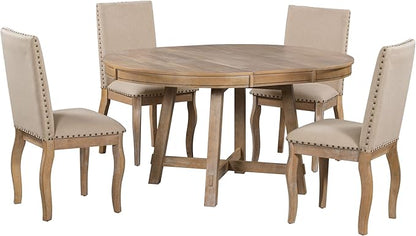 Merax 5-Piece Farmhouse Dining Furniture Set, Wooden Round Extendable Table, and 4 Upholstered Chairs, Natural Wood Wash