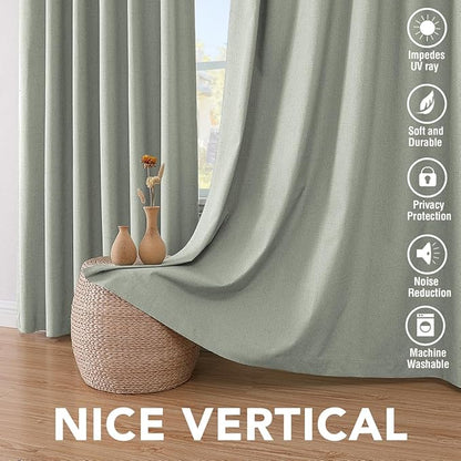 H.VERSAILTEX Linen Blackout Curtains 63 Inches Long 100% Absolutely Blackout Thermal Insulated Textured Linen Look Curtain Draperies Anti-Rust Grommet, Energy Saving with White Liner, 2 Panels, Sage
