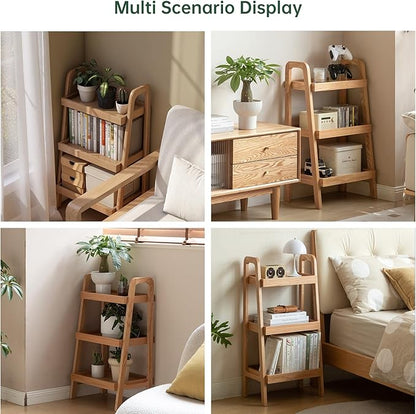100% Solid Oak 3 Tier Ladder Shelf for Saving Space, Tall Nightstand with Stable Frame for Bedroom, Small Side Table for Living Room Office(Natural, 13.4" L x 25.6" W x 36.2" H)