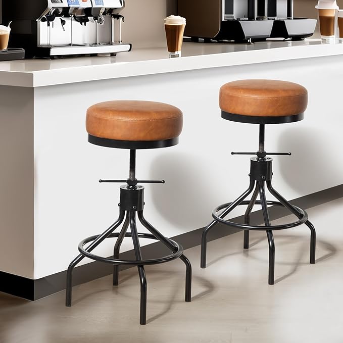 Industrial Bar Stools Set of 3 Adjustable Swivel Barstools Modern PU Leather 28inch Round Backless Counter Height Stool Metal Bar Chair for Kitchen Island (3, Brown)