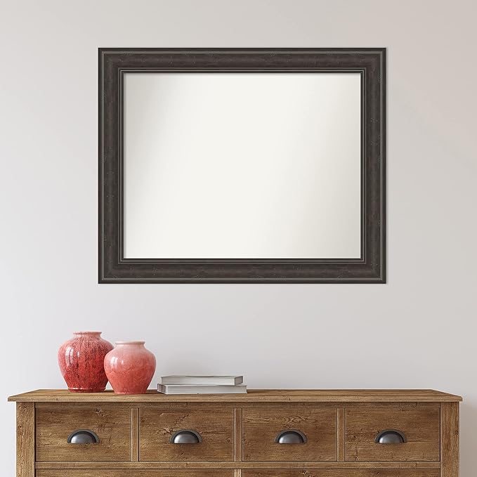Amanti Art Brown Bathroom Mirror for Over Sink, 28x34 Shipwreck Greywash Rectangle Vanity Mirror, Large Traditional Frame, Hangs Horizonally and Vertically, Bathroom Wall Decor, Non-Beveled Edge
