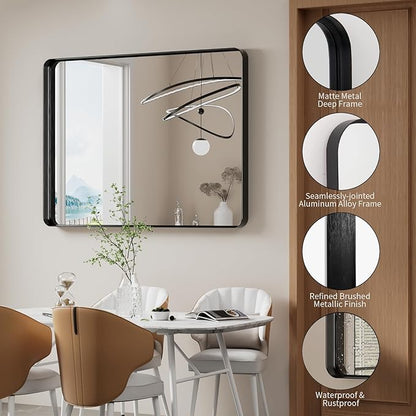 Koonmi Black Wall Mirror for Bathroom, 30x48 Inch Matte Deep Framed Rounded Rectangle Vanity Mirror for Farmhouse Living Room, Tempered Glass, Anti-Rust, Vertically or Horizontally