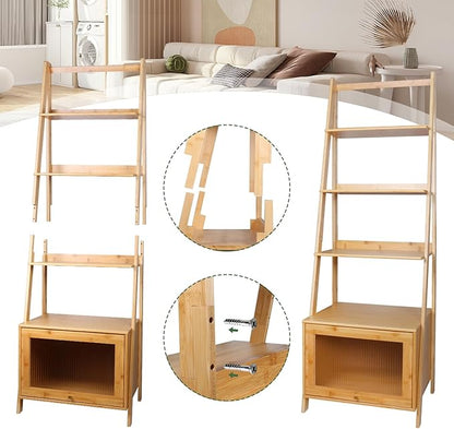 5-Tier Bamboo Ladder Bookshelf with Flip-Up Storage Cabinet - Large Capacity Mid Century Modern Bookcase, Space Saving Accent Furniture Open Display Rack Shelf for Bedroom Living Room Home Office