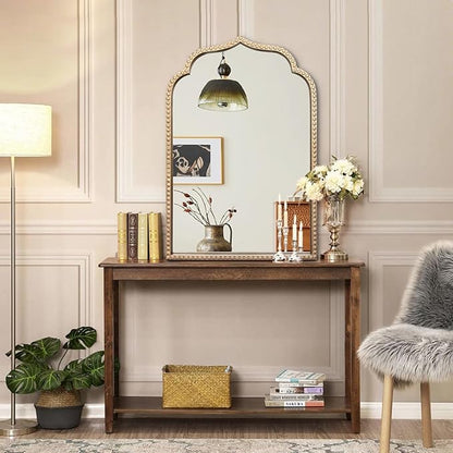 Gold Arch Mirror, 24"x36" Arched Vanity Mirrors for Bathroom, Metal Beaded Frame Ornate Decorative Mirror, Scalloped Vintage Mirrors for Fireplace Bedroom Living Room Hallway Entryway