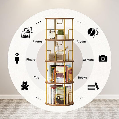 4 Tier Rotating Bookshelf, 360 Display Spinning Corner Bookshelf, Space Saving Metal Frame Bookcase for Living Room, Office, Bedroom, Gold
