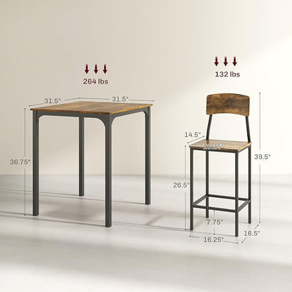 HOMCOM 3-Piece Counter Height Bar Table with Space-Saving Design, Square Kitchen Table and Chairs Set with Footrest, Metal Legs, Industrial Dining Table Set for 2, Rustic Brown and Black