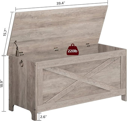 39.4" Toy Chest, Sturdy Entryway Storage Chest with Safety Hinges, Retro Toy Box, Wooden Look Accent Furniture for Living Room, Bedroom,Greige SCHG48101