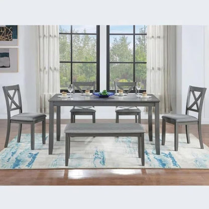 6-Piece Dining Table Set for 4-6 People, Kitchen Set with 4 Upholstered Chairs and One Bench, Living Room Chairs with X-Shape Backrest, Rectangular Wooden Table for Home Bar and Kitchen, Gray