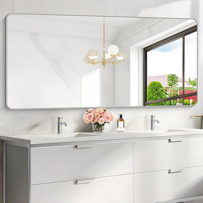 30x60 Inch Silver Bathroom Mirror, Large Rectangular Vanity Mirror, Metal Framed Rectangle Mirror, Rounded Corner Wall Mounted Mirrors for Living Room Bedroom Entryway Horizontal or Vertical
