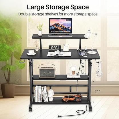 Adjustable Height Standing Desk with Power Outlets, Rolling Stand Up Desk with Monitor Stand and Storage Shelves, 31.5" Small Mobile Computer Desk, Portable Laptop Table (Black with Monitor Stand)