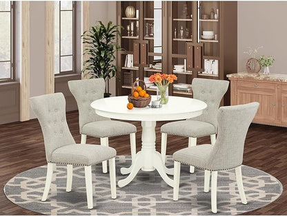 East West Furniture HLGA5-LWH-35 5 Piece Dining Table Set Includes a Round Dining Room Table with Pedestal and 4 Doeskin Linen Fabric Parsons Chairs, 42x42 Inch, Linen White