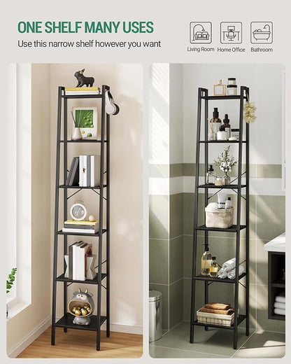 Ladder Shelf, Bookshelf Bookcase, Freestanding Corner Storage Shelve with 2 Hooks for Home Office, Living Room, Kitchen, Bedroom, Industrial, 6-Tier Black BC13304B