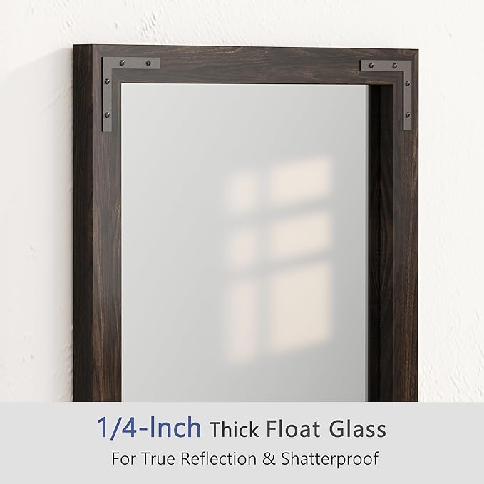 VocalStar Black Wood Framed Mirror 24 x 32 Inch, Rustic Natural Black Wooden Rectangle Bathroom Vanity Wall Mirror for Farmhouse Boho Decor, 1/4-inch Shatterproof Glass | Waterproof