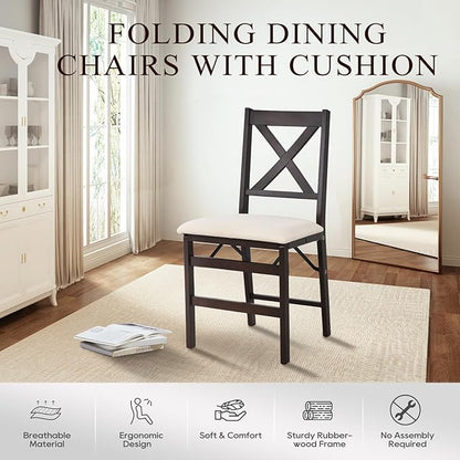 COLAMY Folding Dining Chairs Set of 2 – Beige Upholstered Wooden Dining Room Chairs for Kitchen & Small Spaces, Mid Century Modern Design, Space-Saving, No Assembly Required