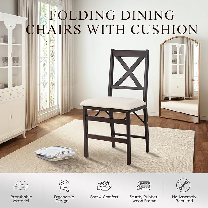 COLAMY Folding Dining Chairs Set of 6 – Beige Upholstered Wooden Dining Room Chairs for Kitchen & Small Spaces, Mid Century Modern Design, Space-Saving, No Assembly Required