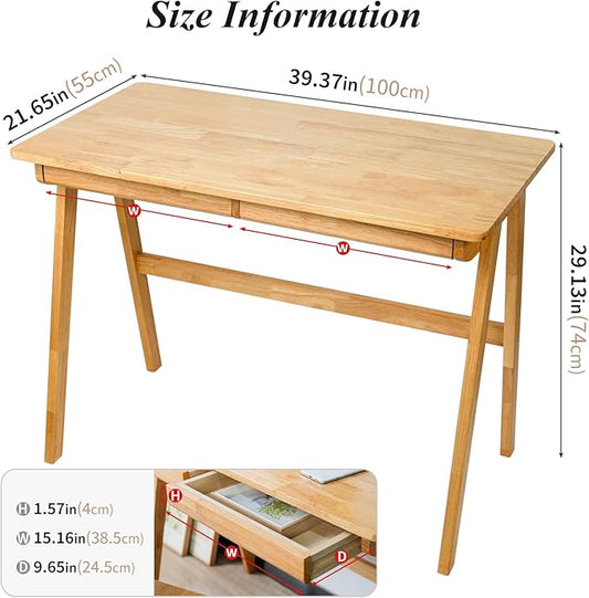 Computer Desk with Drawers, Solid Wood Writing Desk, Mid Century Modern Home Office Desks, Oak Study Table, Small Desk for Bedroom, 29.1 H x 39.4 W x 21.7 D Inches, Natural