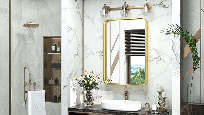 TokeShimi 16x24 Gold Bathroom Wall Mirror Vanity Metal Frame Round Corner Rectangular for Home Decor Living Room Entryway (Horizontal/Vertical)