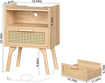 Lerliuo Rattan Nightstands Set of 2 with Charging Station, Boho Night Stand with Handmade Natural Rattan Drawer and Open Shelf, Side End Tables with Solid Wood Legs for Bedroom, Dorm, Small Spaces
