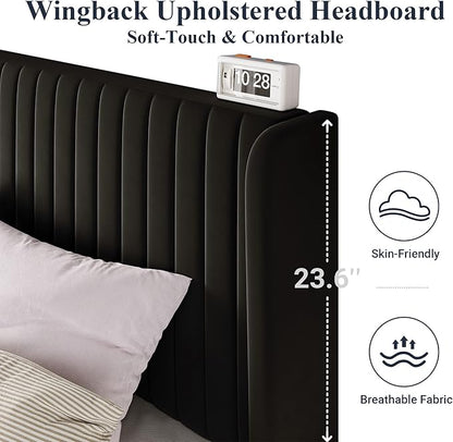 Allewie Full Size Velvet Bed Frame/Vertical Channel Tufted Wingback Headboard/Upholstered Platform Bed/Strong Wooden Slats/No Box Spring Needed/Easy Assembly/Black