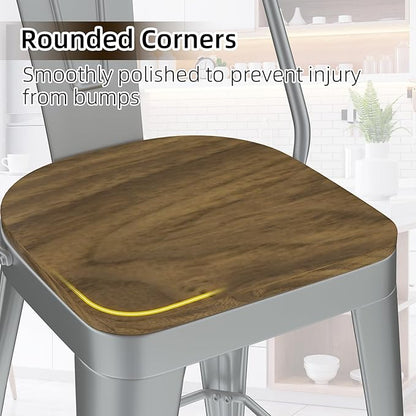 Metal Bar Stools Set of 4, High Back Bar Stools with Wooden Seat, 30 inch Silver Barstools for Kitchen Island