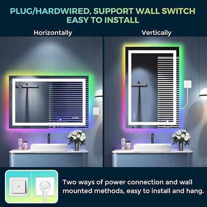 48x32 Inch RGB LED Bathroom Mirror Front Light and RGB Backlit Lighted Vanity Mirror for Bathroom Wall Mounted Dimmable Anti Fog Memory Shatter-Proof IP54 Waterproof Horizontal/Vertical