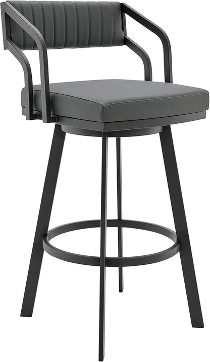 Armen Living Scranton Modern 26" Seat Height Gray Faux Leather and Black Steel Metal Swivel Bar Stool for Kitchen Island Counter