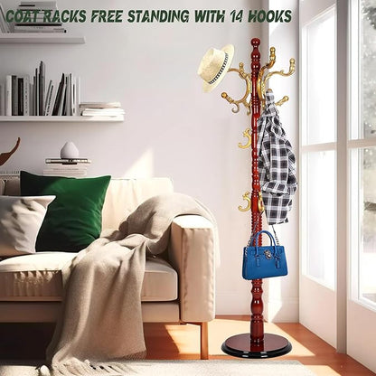 73" Wooden Coat Rack Stand,Coat Racks Freestanding With 14 Hooks And Solid Round Base Heavy Duty Adjustable Height Hall Tree Coat Rack for Entryway Hallway Foyer Office Bedroomf (Begonia)