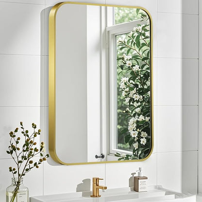 Matte Gold Mirror, 48x30 Inch Brushed Gold Mirror, Aluminum Alloy Framed Vanity Mirror, Rounded Rectangle Bathroom Mirror for Over Sink, Anti-Rust Wall Mirror (Horizontally or Vertically)