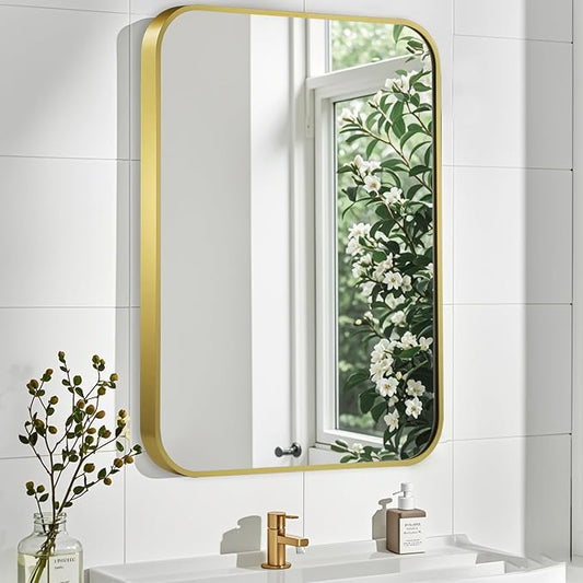 Matte Gold Mirror, 24x32 Inch Brushed Gold Mirror, Aluminum Alloy Framed Vanity Mirror, Rounded Rectangle Bathroom Mirror for Over Sink, Anti-Rust Wall Mirror (Horizontally or Vertically)