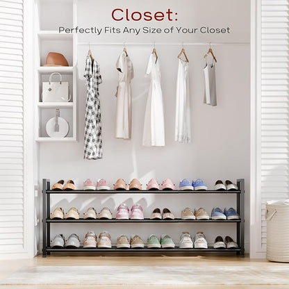 Bumusty 3-Tier Long Expandable Shoe Rack for Closet, 18"-44" Adjustable Shoe Rack for Entryway, 15-18 Pairs Large Shoe Organizer Shelf Storage, Sturdy Metal, Black