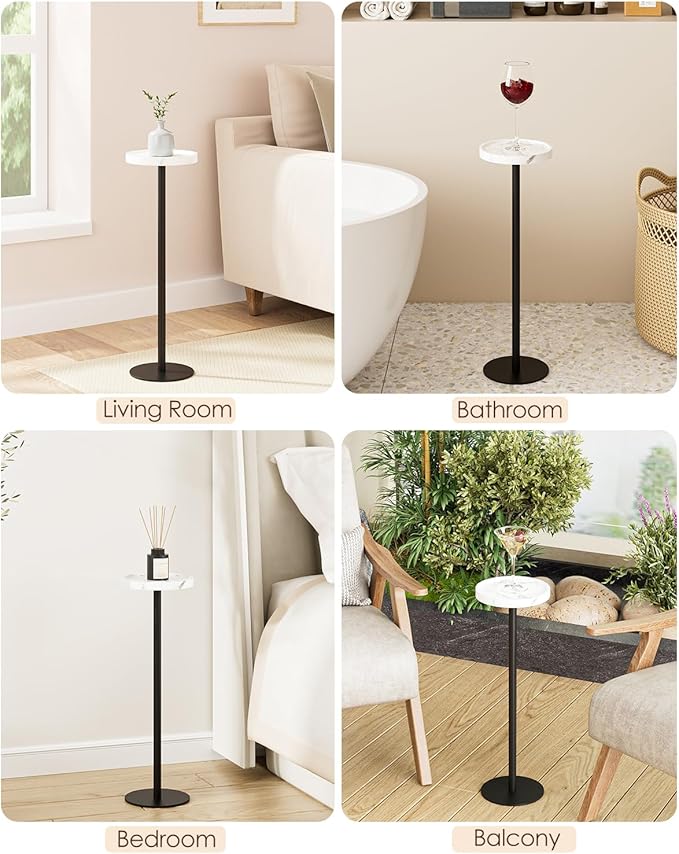 Drink Table, Small Pedestal Side Table, Round Cocktail Table, Circle Accent End Table with Metal Base, for Small Spaces (2, White Marble)